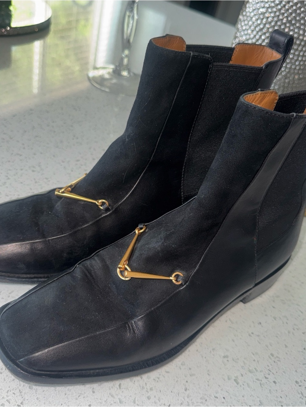 Tory Burch Black Leather & Suede Chukka Boots with Gold Bit
